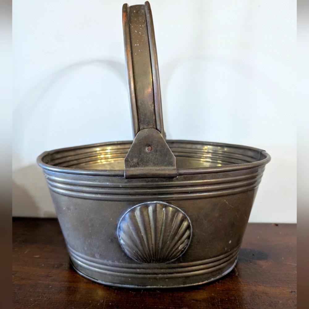 Vintage Brass Planter Basket with Moving Handle & Clam Seashell Accent Hollywood